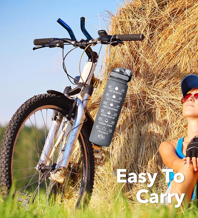 32oz Motivational Water Bottle with Time Marker & Fruit Strainer, Leak-proof BPA Free Non-Toxic 1l Bottle with Carrying Strap, Perfect for Fitness, Gym and Outdoor Sports (Graphite)