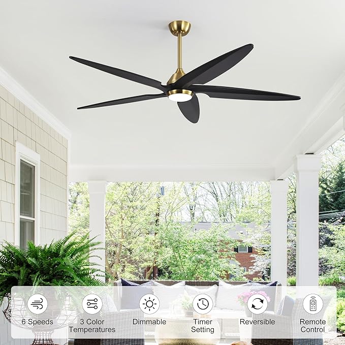 54 Inch Modern Ceiling Fan with Lights and Remote, 5 Wood Blades, 6-Speed Noiseless Reversible DC Motor with Replaceable Downrods for Bedroom Living Room Dining Room, Gold and Black.