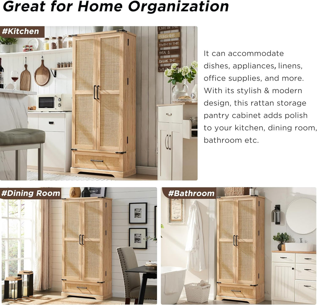 72" Tall Rattan Kitchen Pantry Cabinet with Drawer, Boho Storage Cabinet with 2 Rattan Doors and Shelves, Versatile Large Cabinet for Dining Room, Bathroom, Living Room, Laudry, Natural Oak