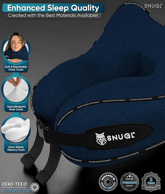 SNUGL Neck Travel Pillow - Memory Foam Airplane Pillow - Flight Pillow | Neck Support Travel Pillow with Carry Bag & Clip | Neck Pillows for Sleeping Travel Plane | Flying Travel Essentials - Navy