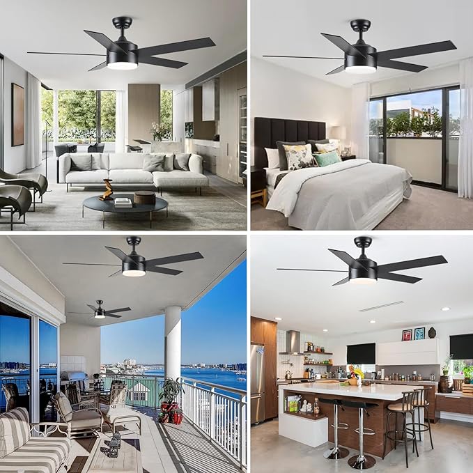52 inch Black Ceiling Fans with Lights and Remote Control, LED Ceiling Fan Dimmable 3-Color Temperatures 6-Speed, Quiet Modern Ceiling Fan for Bedroom, Living Room, Dining Room