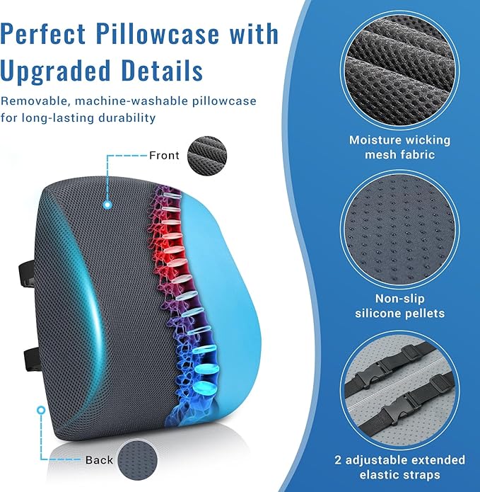 Lumbar Support Pillow for Office Chair Car Seat Cushion for Lower Back Sciatica Pain Relief Firm Memory Foam Pillows Wedge Chairs Cushions with Dual Straps (Mesh Grey)