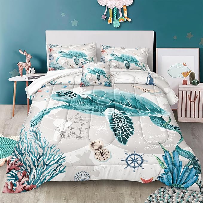 Bedbay Nautical Bedding Set Turtle Comforter Set King Size Beach Comforter Set Soft Microfiber Sea Life Ocean Bedding Comforter Set Coastal Bedding Boys Girls Beach Theme Bedding Set(Turtle,King)