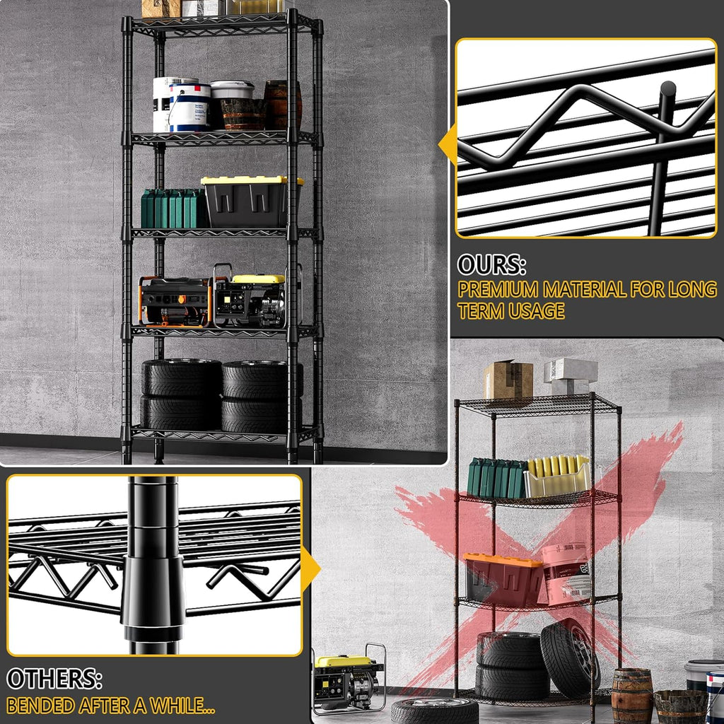 1250 lbs 5 Tier Shelf Metal Storage Shelves Wire Rack Closet Organizers for Garage Kitchen Bathroom Laundry Black 11.8" D x 23.6" W x 59.5" H