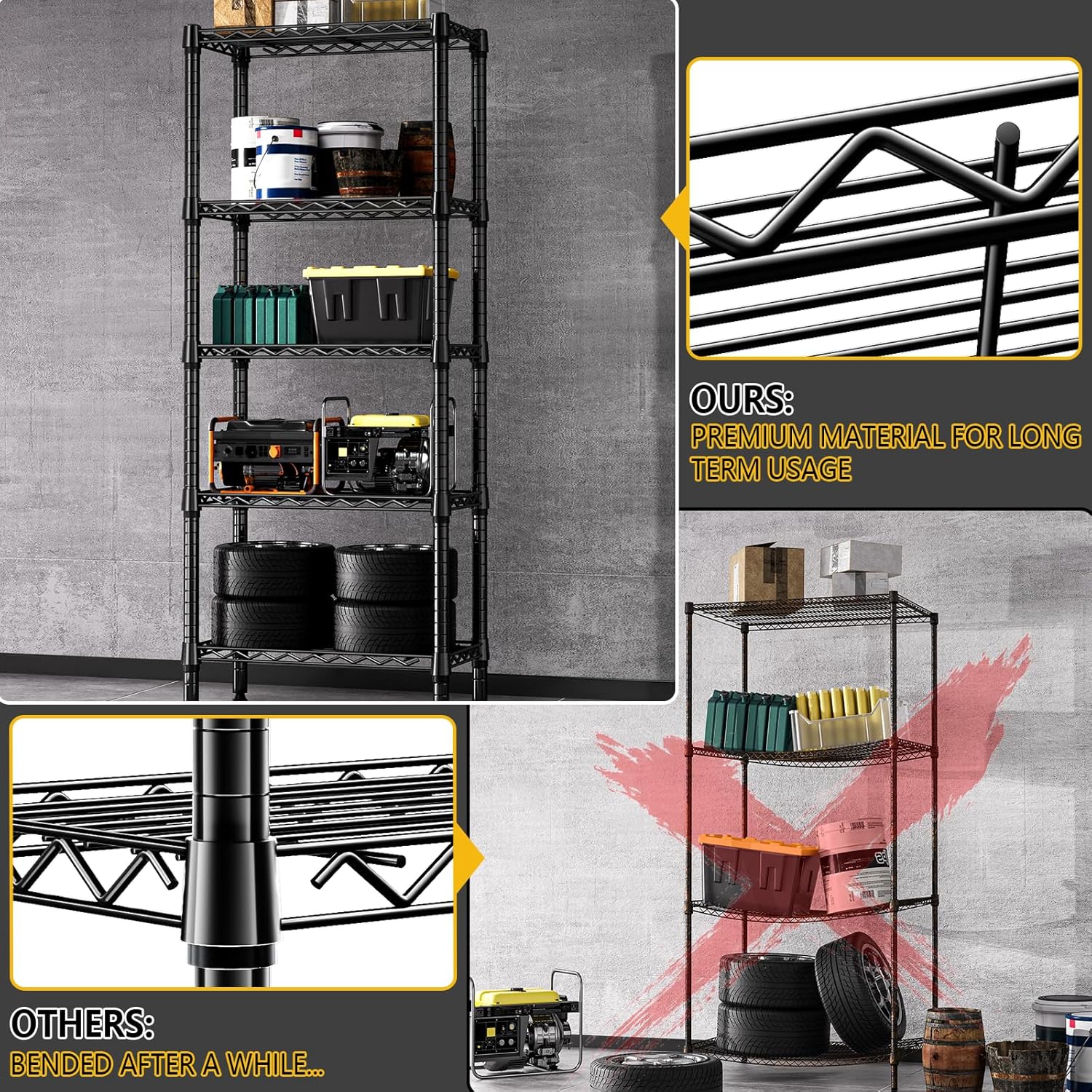 1250 lbs 5 Tier Shelf Metal Storage Shelves Wire Rack Closet Organizers for Garage Kitchen Bathroom Laundry Black 11.8" D x 23.6" W x 59.5" H