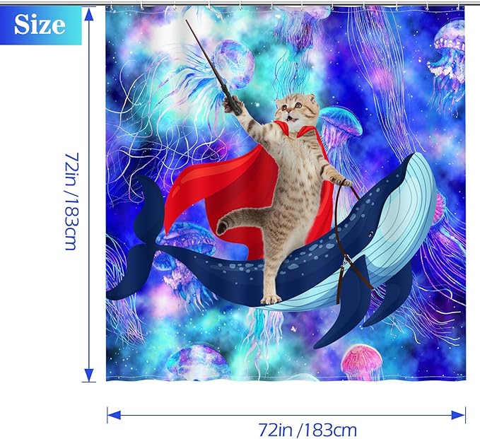 Aimego Funny Cat Shower Curtains - Cute Cat Riding Whale Shark on Space Galaxy Fantasy Jellyfish Fun Shower Curtain Set with 12 Hooks for Adults Kids Bathroom Decor Accessories, 72"x72"