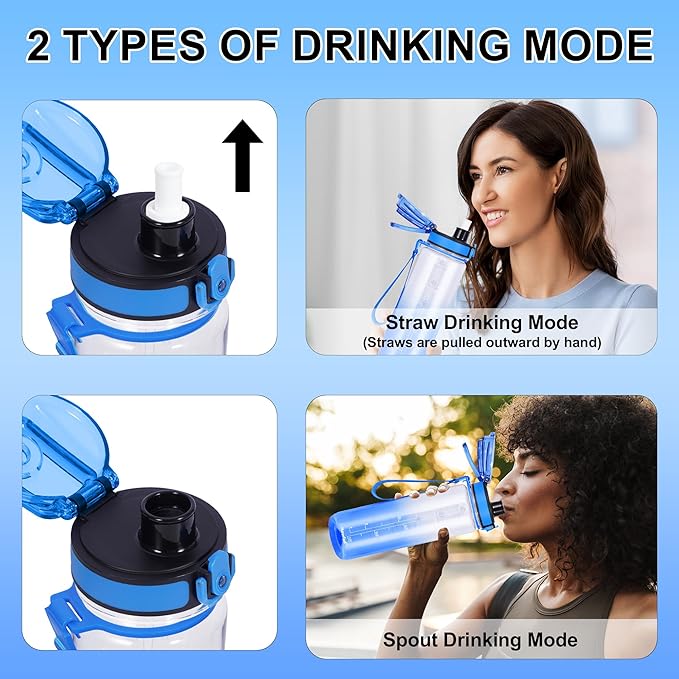 32 oz Water Bottle with Detachable Straw, Clear Motivational Water Bottles with Time to Drink, Tritan & BPA Free Sports Water Jug with Time Marker, Upgraded handle design