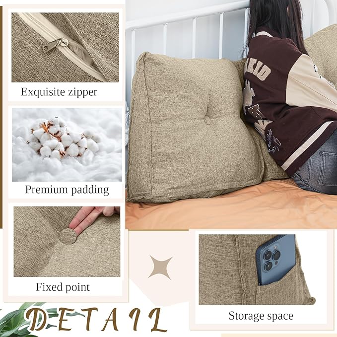 Wenqik Wedge Pillow Triangular Dorm Headboard Bed Rest Reading Backrest Back Support Long Bolster Pillow with Removable Cover for Dorm Room Supplies(Khaki Gray,Twin (39 x 20 x 8 Inch))