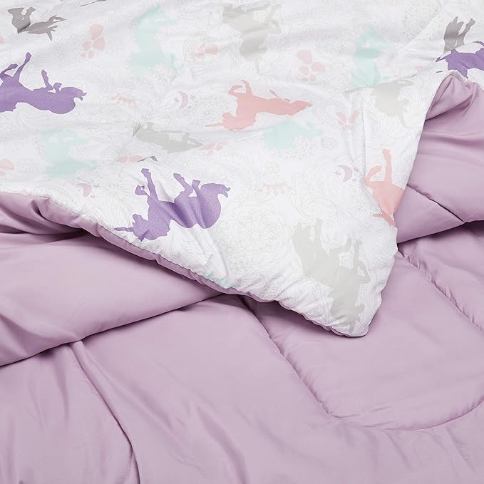 Amazon Basics Kid's Easy Care Microfiber Bed-in-a-Bag 7-Piece Bedding Set, Full/Queen, Purple Unicorns, Solid & Printed