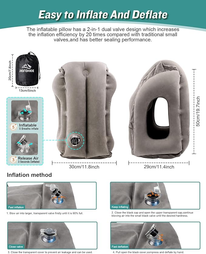 JefDiee Inflatable Travel Pillow, Airplane Neck Pillow Comfortably Supports Head and Chin for Airplanes, Trains, Cars Office Napping on The Tray Table (Grey)