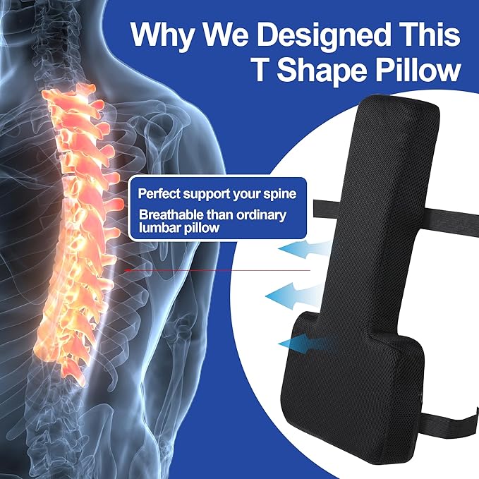 HOMBYS Lumbar Support Pillow for Office Chair with Seat Cushion, T Shape Backrest Pillow Improved Sitting Posture and Upper/Lower Back Pain Relief for Desk Chairs, Car Seats and Airplanes,Black