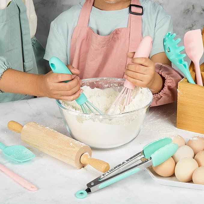 Kids Cooking & Baking Sets Real Little Chef Cooking Utensils Kitchen Set Gifts for Girls Boys Juniors with Utensils Cutting Board Kids Safe Knife Rolling Pin Apron Carrying Basket (Coral Pink)