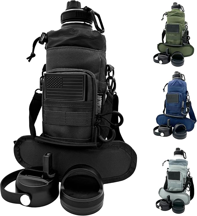 1 Gallon Water Bottle Insulated - 84 Oz Stainless Steel Metal Water Jug with Holder - | Carrying Bag | Spout Handle | Straw Lids | Keep Cold & Hot | - Black Tactical Flask