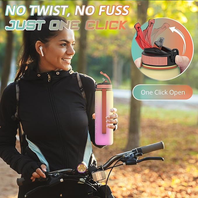 32 oz Water Bottle with Time Marker- Leak-Proof & BPA Free Reusable Gym Water Bottle - Easy to Carry Motivational Water Bottle for Fitness, Sports, Outdoor, (Mermaid with covered lid)