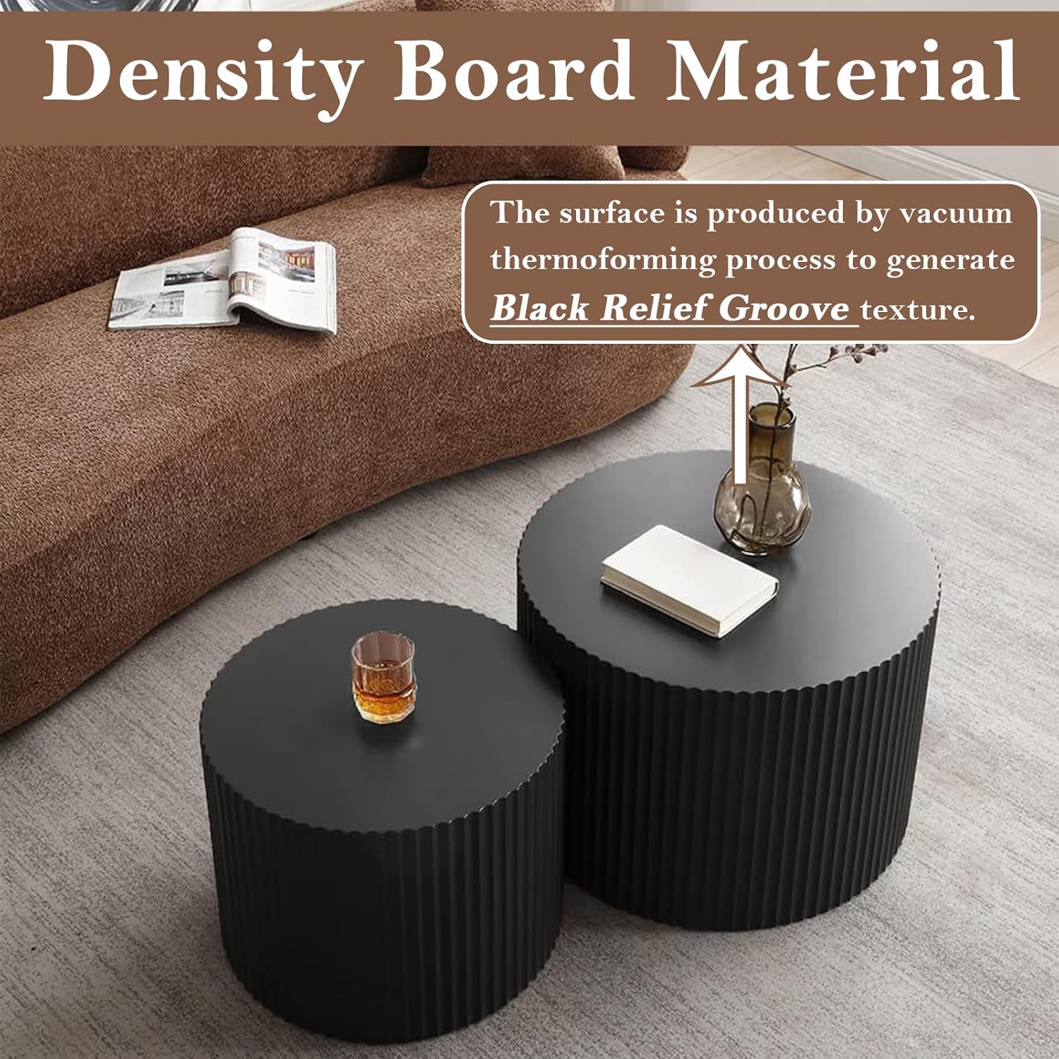 Round Nesting Coffee Table Black Round Fluted Coffee Table Set of 2 for Living Room Small Circle Drum Nested Coffee Tables (Black A 18in)