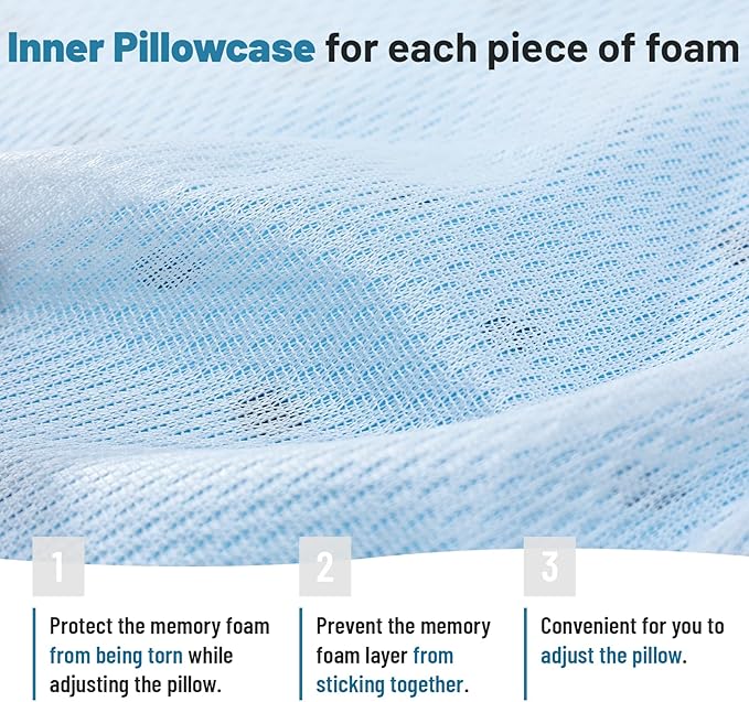 Cervical Neck Thin Pillow Flat Firm Memory Foam Adjustable Pillows from 1.3 to 5.2inch for Stomach Side Back Sleeper with 2 Pillowcases (Blue+Basics)