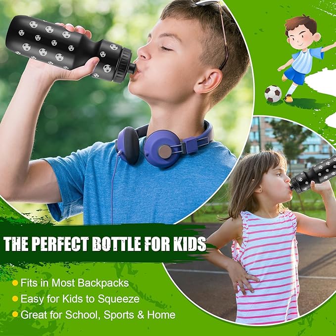 4 Pcs Soccer Party Favors, Soccer Drawstring Bags Goodie Treat Bags and 24 oz Squeeze Water Bottles