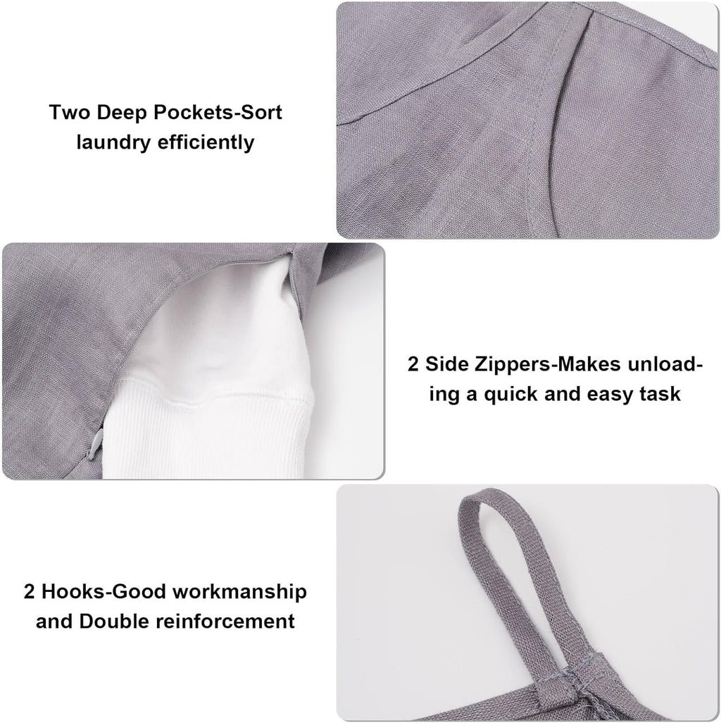 100% Pure Linen Dual Hanging Laundry Bag with 2 Deep Pocket and 2 Side Zipper 20x27in, Over The Door Laundry Hamper Space Saving Hampers for Dirty Clothes Home Travel, Grey