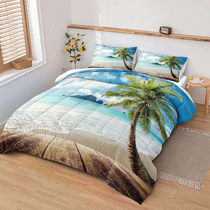 Bedbay Beach Theme Comforter Set Twin Size Tropical Bedding Twin Size Palm Tree Comforter Set Boys Girls Sunny Beach Coastal Bedding Down Comforter Set Soft Microfiber 3 Pcs Quilt Set(Beach,Twin)