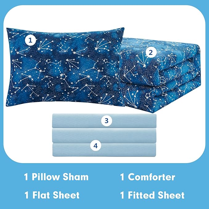 Twin Comforter Sets for Boys Girls by Coukouchyi, Glow in The Dark Kids Bedding Sets, 4 Pcs Twin Bed in a Bag with Comforter, Sheets, Pillow Sham, Galaxy
