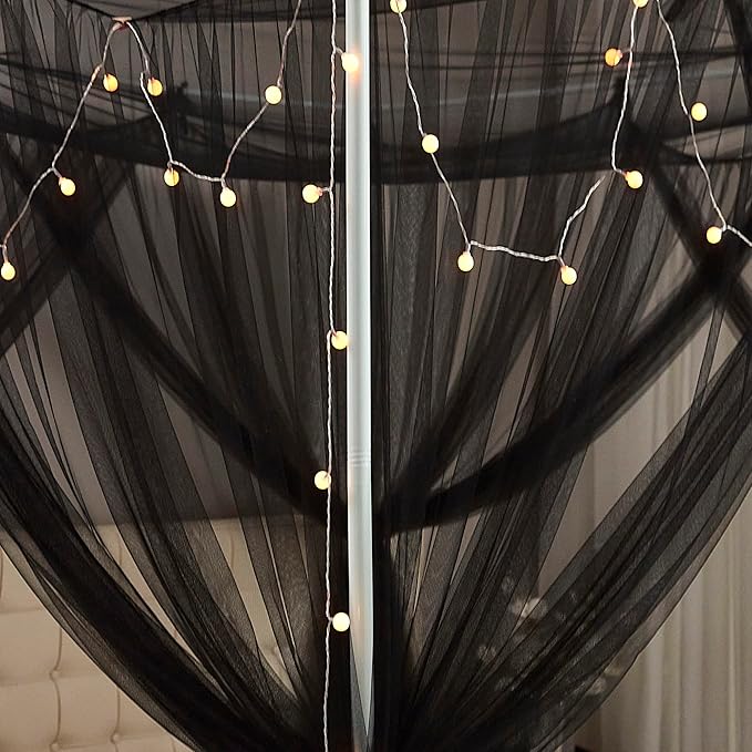Mengersi Canopy Bed Curtains Bed Canopy with Lights for Girls, Bed Netting Unique Style 4 Door Mosquito Net for Adults Women Bedroom (Black+Lights, Twin/Twin XL)