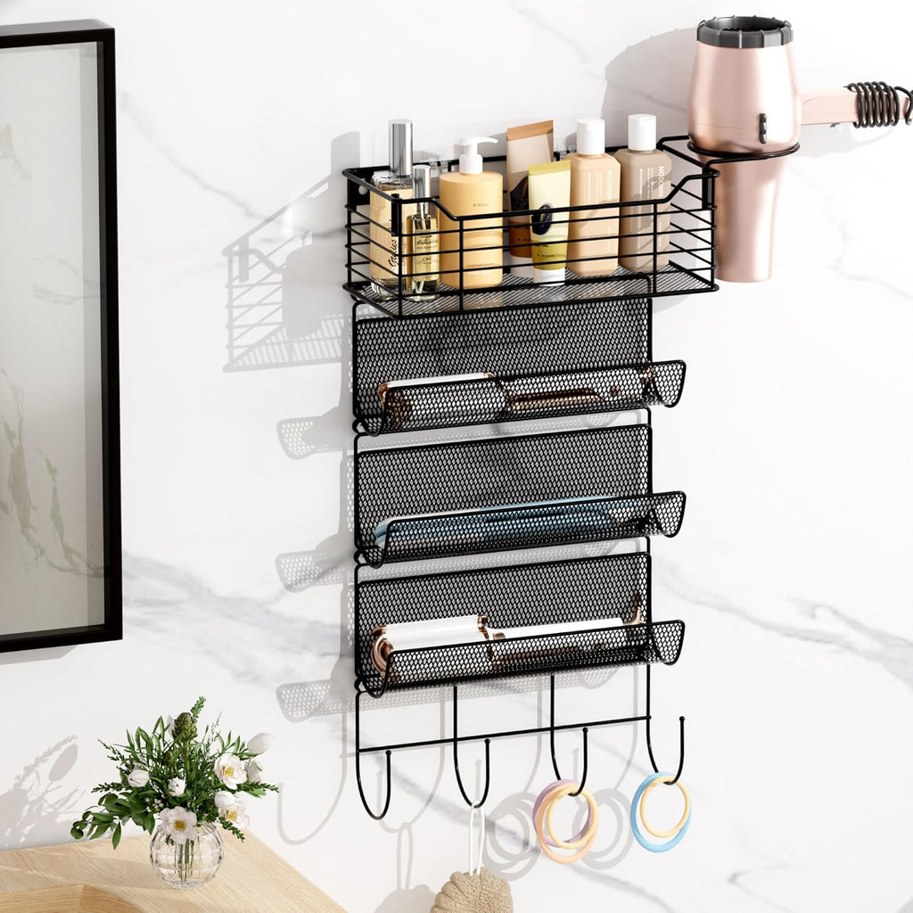 VITVITI Metal Hair Tool Organizer Wall Mount, Hair Dryer Holder with 4 Tier Shelf Basket Hooks, Bathroom Hair Styling Tool Organizer for Curling Iron/Blow Dryer/Straightener, Matte Black