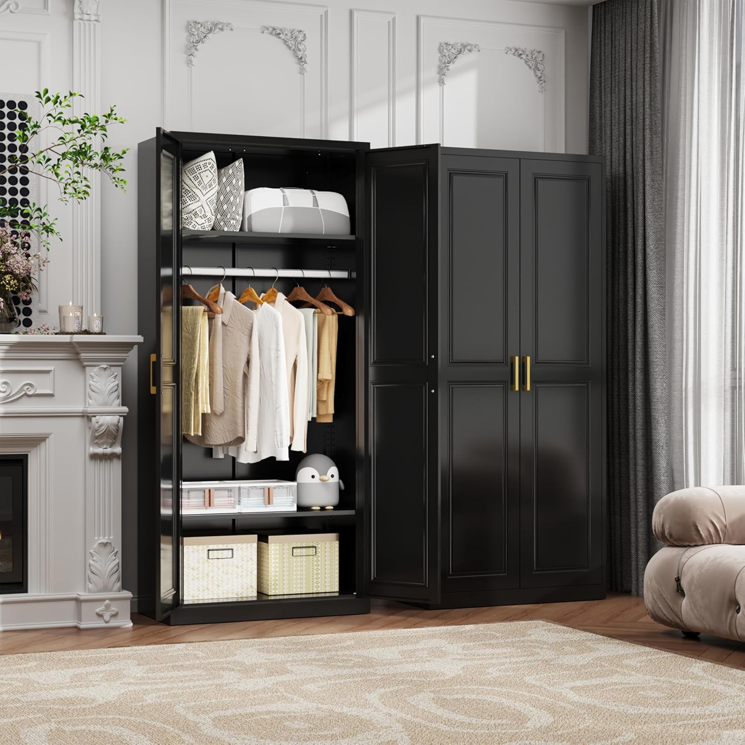 71" Metal Armoire Wardrobe Closet with 2 Doors, Tall Wardrobe Cabinet with Hanging Rod and Adjustable Shelves, Black Clothing Storage Cabinets for Bedroom, Laundry Room, Home Office