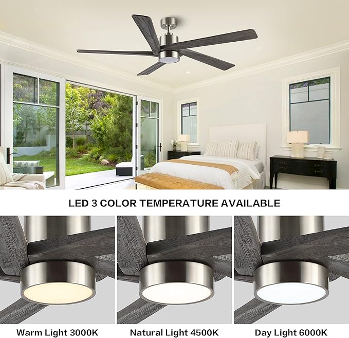 WINGBO 54 Inch DC Ceiling Fan with Lights and Remote Control, 5 Reversible Carved Wood Blades, 6-Speed Noiseless DC Motor, Modern Ceiling Fan in Brushed Nickel Finish with Gray Blades, ETL Listed
