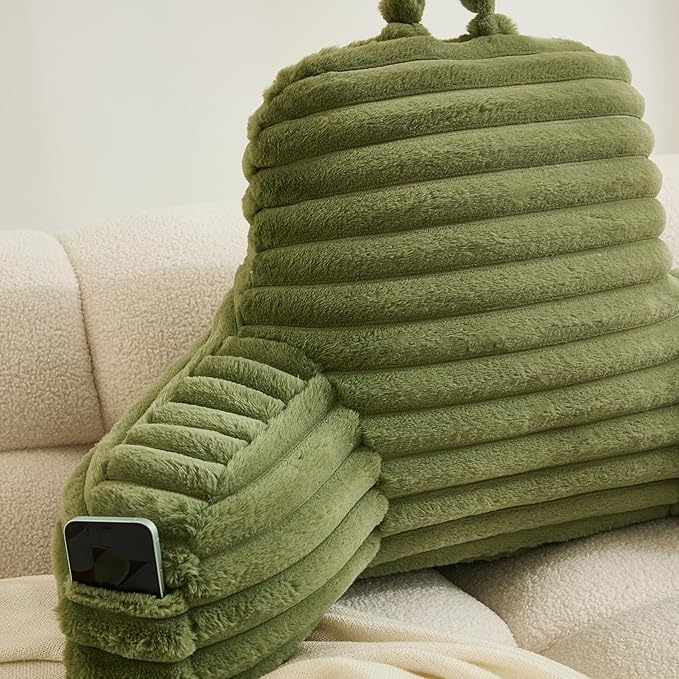 WERDIM Reading Pillow for Sitting in Bed, Faux Fur Back Pillow for Bed Rest, Bed Chair Pillow with Arms and Pockets(Large, Sage)