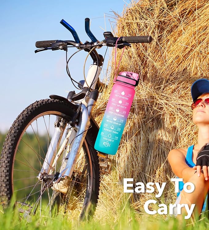 32oz Motivational Water Bottle with Time Marker & Fruit Strainer, Leak-proof BPA Free Non-Toxic 1l Bottle with Carrying Strap, Perfect for Fitness, Gym and Outdoor Sports (Ombre: Sorbet)