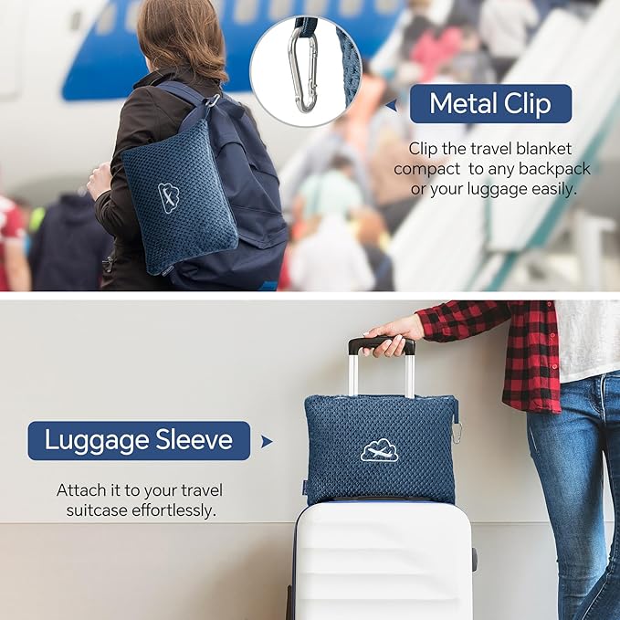 BEDELITE Travel Blanket Airplane Compact with Bag, Portable and Packable 2 in 1 Travel Pillow and Blanket Set, Airplane Blanket Travel Essentials with Luggage Sleeve & Backpack Clip, Navy Blue