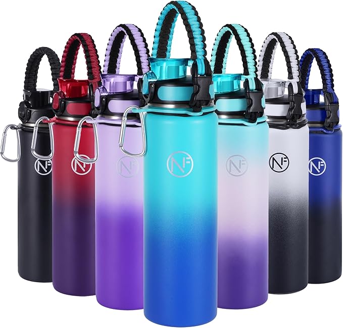 32 oz Insulated Water Bottle With Detachable Straw & Paracord Handle, Stainless Steel Thermos Water Bottle with Leakproof Lockable Lid, BPA-Free Sports Bottle (Lake Blue Gradient)