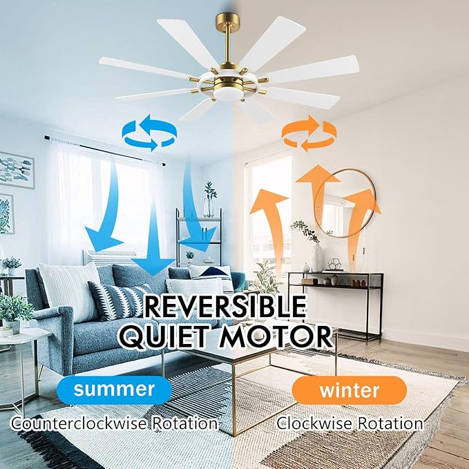 60" Ceiling Fan with Lights and Remote Control, Wood 8 Blades 6-Speed Noiseless Reversible DC Motor, Modern Large Ceiling Fan for Office Bedroom Dining Living Room, Gold Finish+White