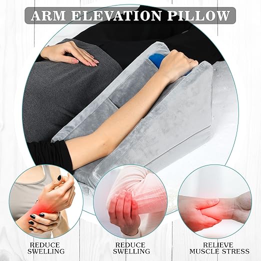 Buryeah Arm Pillow Arm Elevation Pillow with 2 Pockets, Soft Ergonomic Support Pillow for Elbow Arm Rest Wedge Pillow Broken Arm Gifts with High Density Foam for Recovery Sleeping Care(Gray)