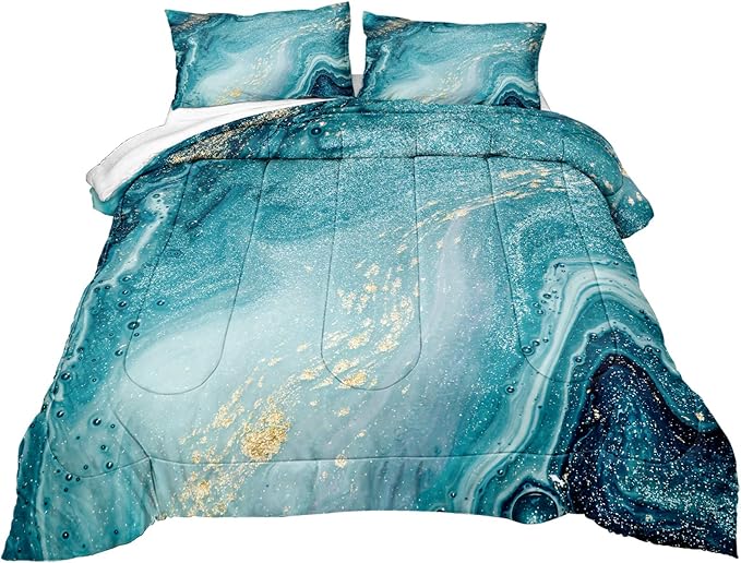 Bedbay Blue Marble Comforter King Size Blue and Gold Marble Bedding Set for Women Adults Western Bedroom Decor Aesthetic Watercolor Marble Quilt Set 4 Pcs Soft Microfiber Duvet Set (Blue,King)