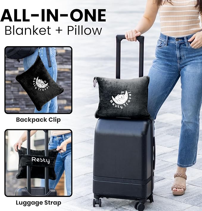 Resty Travel Blanket - Compact Airplane Blanket with Bag - Small and Lightweight Traveling Blanket & Pillow - Portable Blankets with Carabiner for Easy Transport - Plane Train Car (Onyx Black)