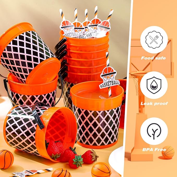 24 Pcs 32oz Basketball Party Favors Rum Buckets Plastic Basketball Cocktail Buckets for Drinks Plastic Ice Pail Bulk with Handle and Straw Reusable Punch Bowls for Drinkware Beer Beverage