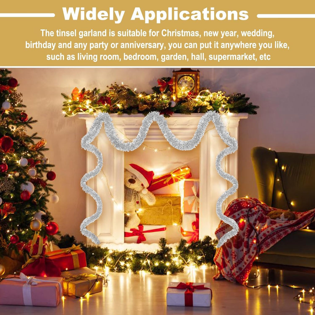 25 Feet Metallic Twist Tinsel Garland Wall Hanging Backdrop for Parade Floats, Christmas Eve, New Year, Valentine's Day Party Decorations (Silver, 4in x 25ft)