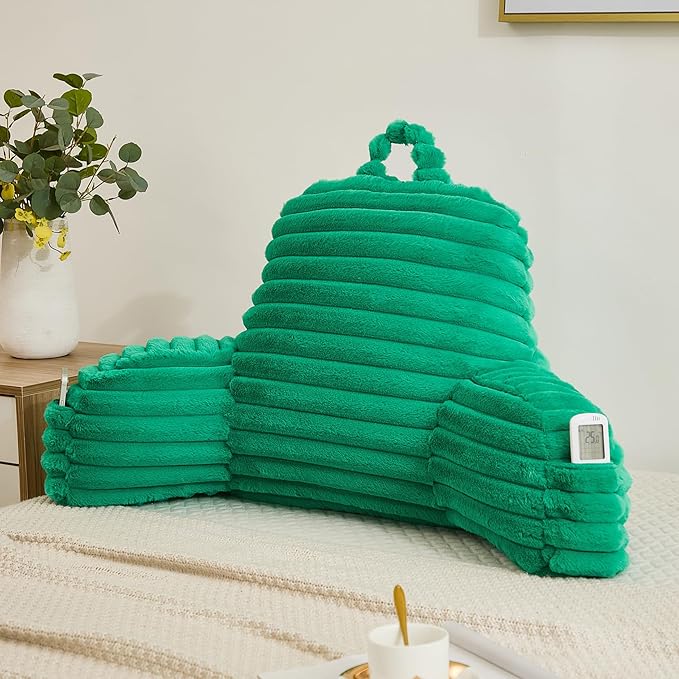 Faux Fur Fluffy Emerald Reading Pillow with Pockets, Luxury Striped Plush Decorative, Arm Rests and Back Surport for Bed Rest, Lounging on sofa, Standard