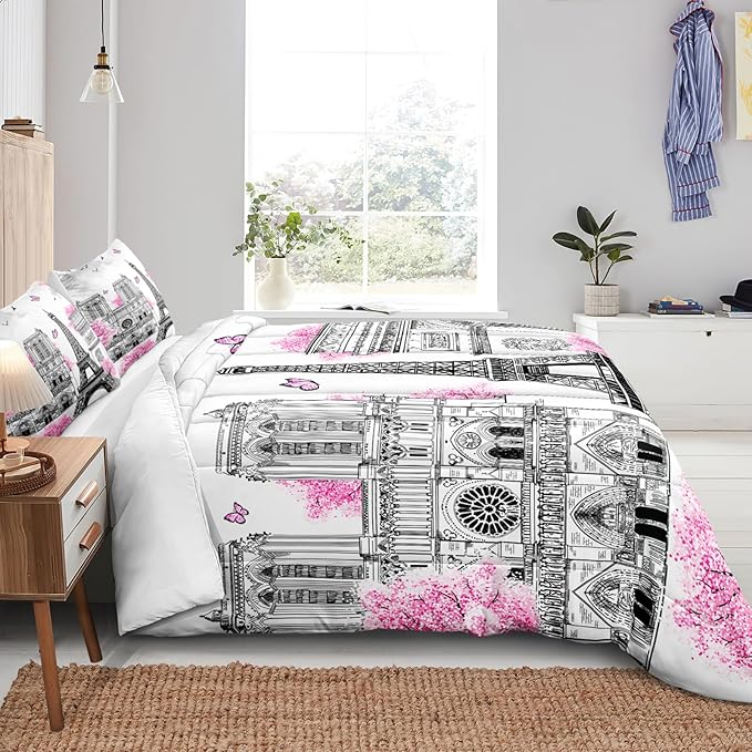 Bedbay Pink Paris Comforter Set Eiffel Tower Duvet Set Aesthetic Bedding for Girls Women Pink and Grey Comforter Quilt Set Paris Decor Summer Lightweight Comforter,No Sheets(Paris,King)