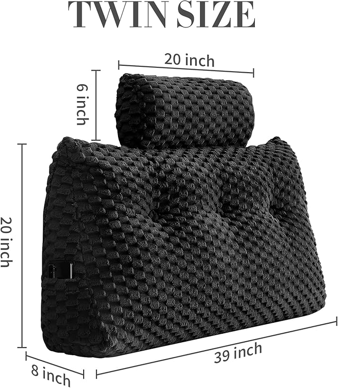 Wedge Headboard Pillow - Bed Wedge Pillow for Headboard Triangular Headboard Pillow with Neck Roll Pillow-Large Bolster Pillow for Sitting in Bed Backrest Positioning Support (Black,39x8x20 Inches)