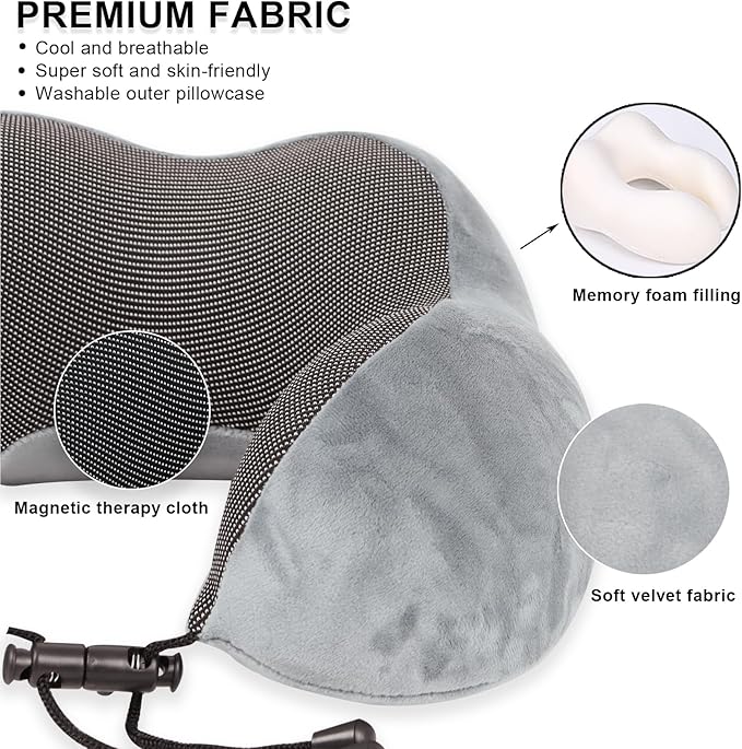 Pure Memory Foam Travel Pillow Set for Adults - Comfortable & Breathable Removable Cover, Airplane Travel Kit with Eye Mask & Portable Storage Bags for Plane Accessories - Grey