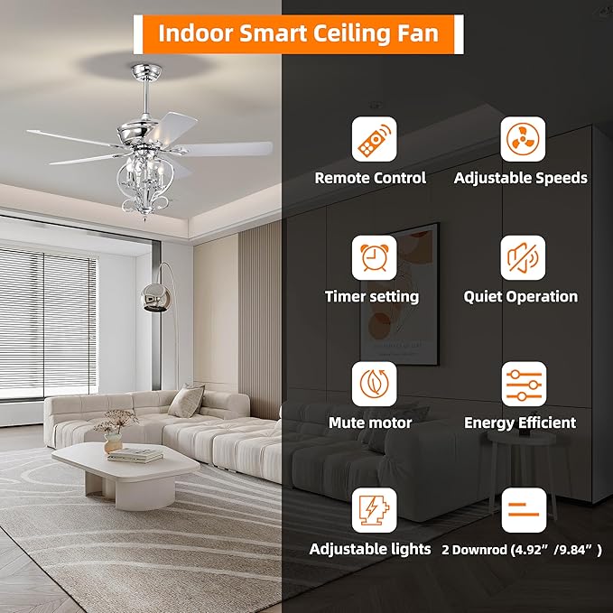 NicBex Ceiling Fan 52 Inch Ceiling Fan with Lights Industrial Ceiling Fans with 5 Blades and Remote Control Ceiling Fan with Small Lamp Shade for Bedroom, Living Room, Silver