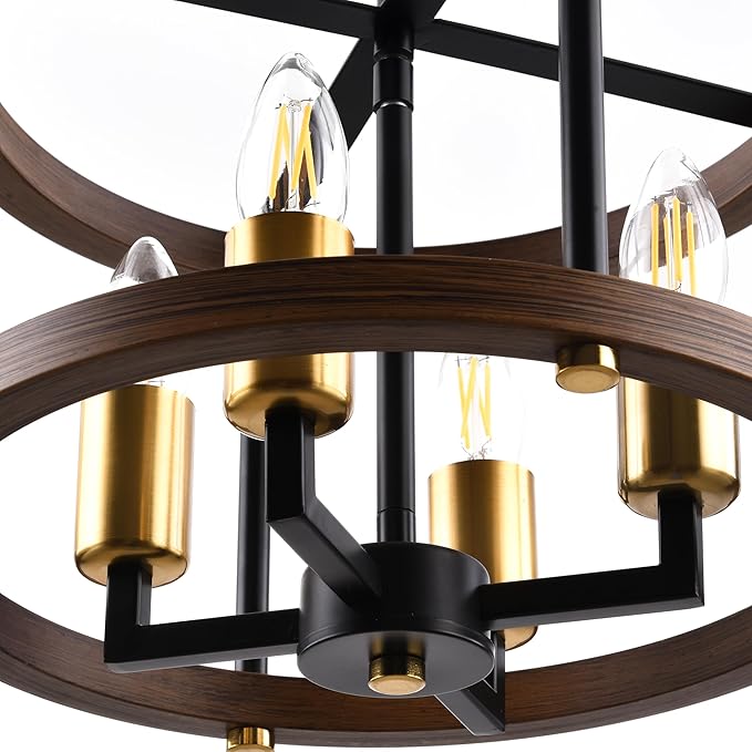 MO&OK 4-Lights Vintage Wood Color Farmhouse Wooden Metal Chandeliers Flush Mount Ceiling Light Fixture Farmhouse Chandelier for Dinning Room Living Room Bedroom Hallway Entryway Kitchen