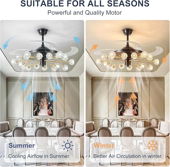 Sputnik Ceiling Fan with Light: Chandelier with Fan for Living Room - Black Fandelier with 18 Lights and Crystal for Dining Room Bedroom - 42" Retractable Ceiling Fan with Lights