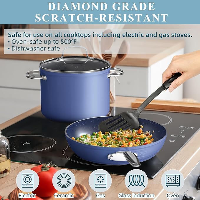 Nuwave Healthy Duralon Blue Ceramic Nonstick Cookware Set, Diamond Infused Scratch-Resistant, PFAS Free, Dishwasher & Oven Safe, Induction Ready & Evenly Heats, Tempered Glass Lids & Stay-Cool Handles