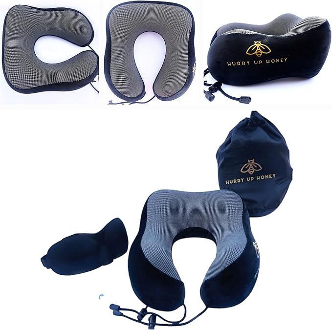 Travel Neck Pillow Memory Foam with Velvet Cover for Relaxing Journeys - Neck Pillow for Airplane,Car,Bus,Train,Comfortably Head Supports, Portable and Washable (Black)