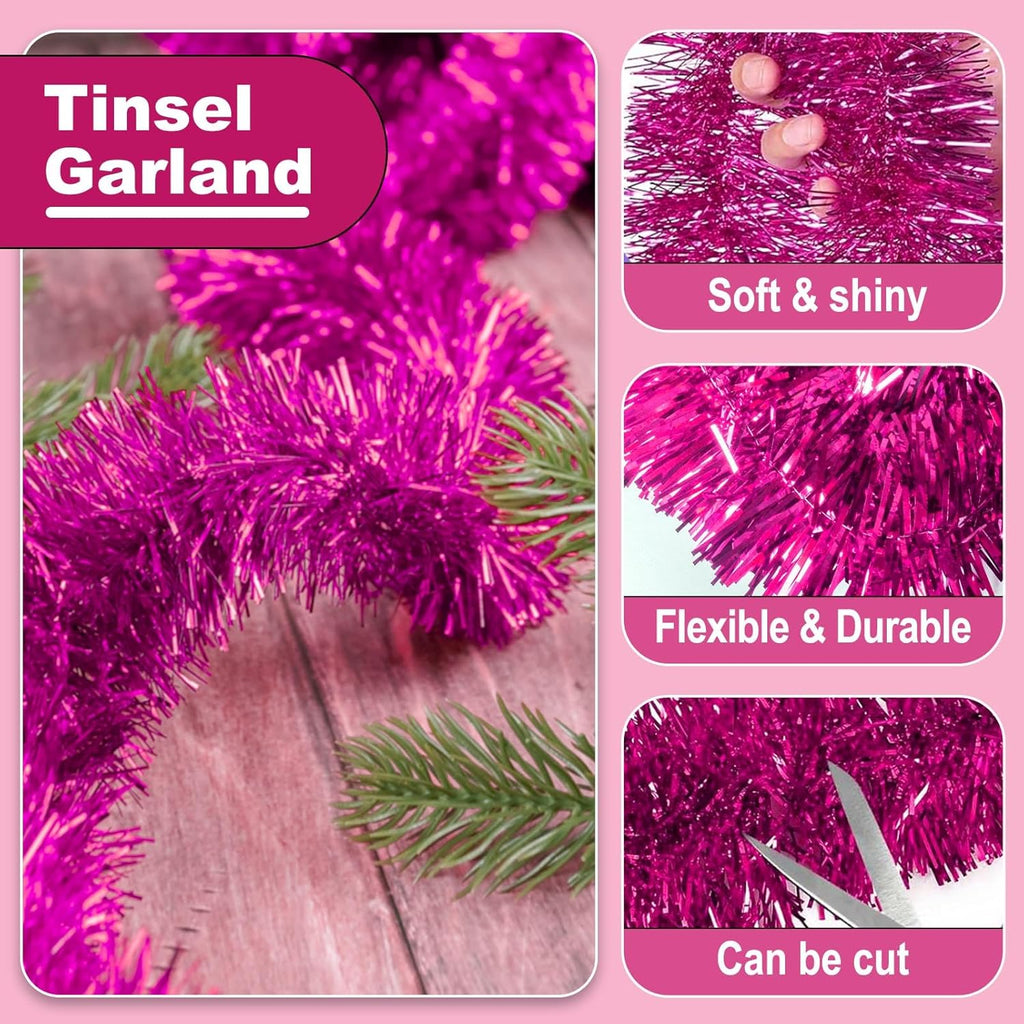 25 Feet Metallic Twist Tinsel Garland Backdrop for Parade Floats, Christmas Eve, New Year, Valentine's Day Party Decorations (Fuchsia, 4in x 25ft)