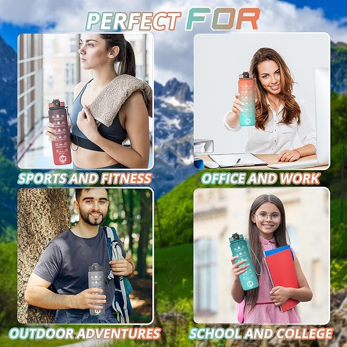 32 oz Water Bottle with Time Marker Leak-Proof & BPA Free Reusable Gym Water Bottle Easy to Carry Motivational Water Bottle for Fitness, Sports, Outdoor, Cycling, School & Office (Black & Red)