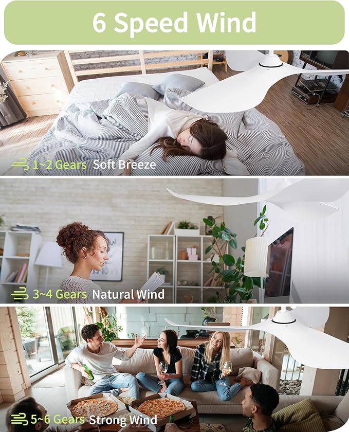 CACI Mall Ceiling Fans without Lights - 52-Inch Flush Mount Ceiling Fan with 6 Speeds, 3 Timer Remote, Quiet Reversible DC Motor, and 5"/10"/25" Replacement Downrods (White ABS Blades)